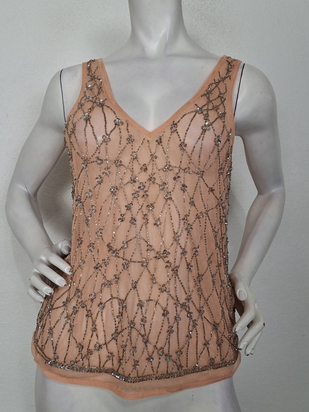 Topshop Peach & Silver Beaded Fairycore Romantic V-Neck Pullover Blouse Size 4 - Picture 2 of 11